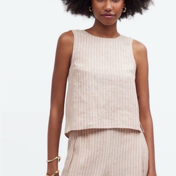 Madewell Beige & White Striped 100% Linen Open Tie Back Tank Top Size 14 - Picture 2 of 9